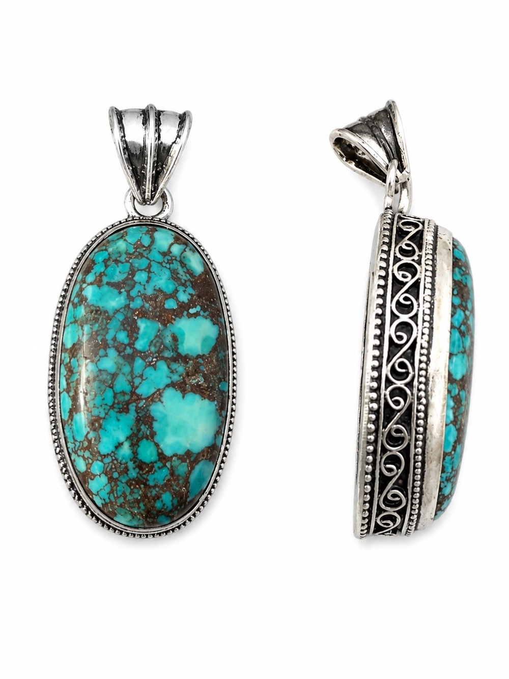 Navajo Sterling Silver Turquoise Oval Pendant - Teal Blue Stone